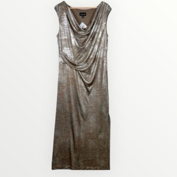Connected Apparel Metallic Silver Cowl Neck Maxi Length Sleeveless Dress Sz 14W - Picture 1 of 13
